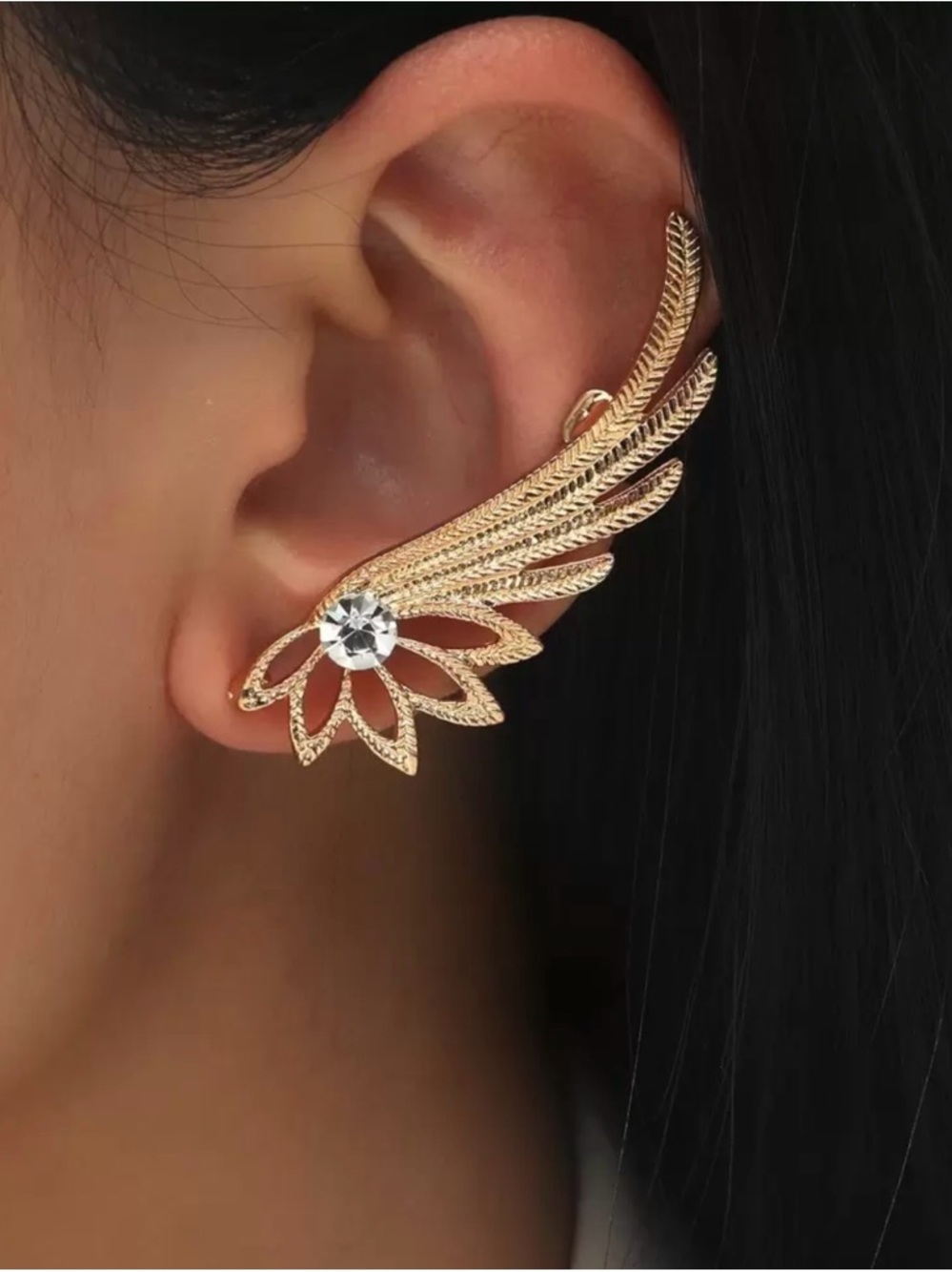 Gold Wing Ear Cuff with Crystal Accent - Women Jewelry. One piece